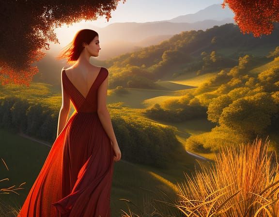 Beautiful redhead wearing red dress appreciating a lovely Po...