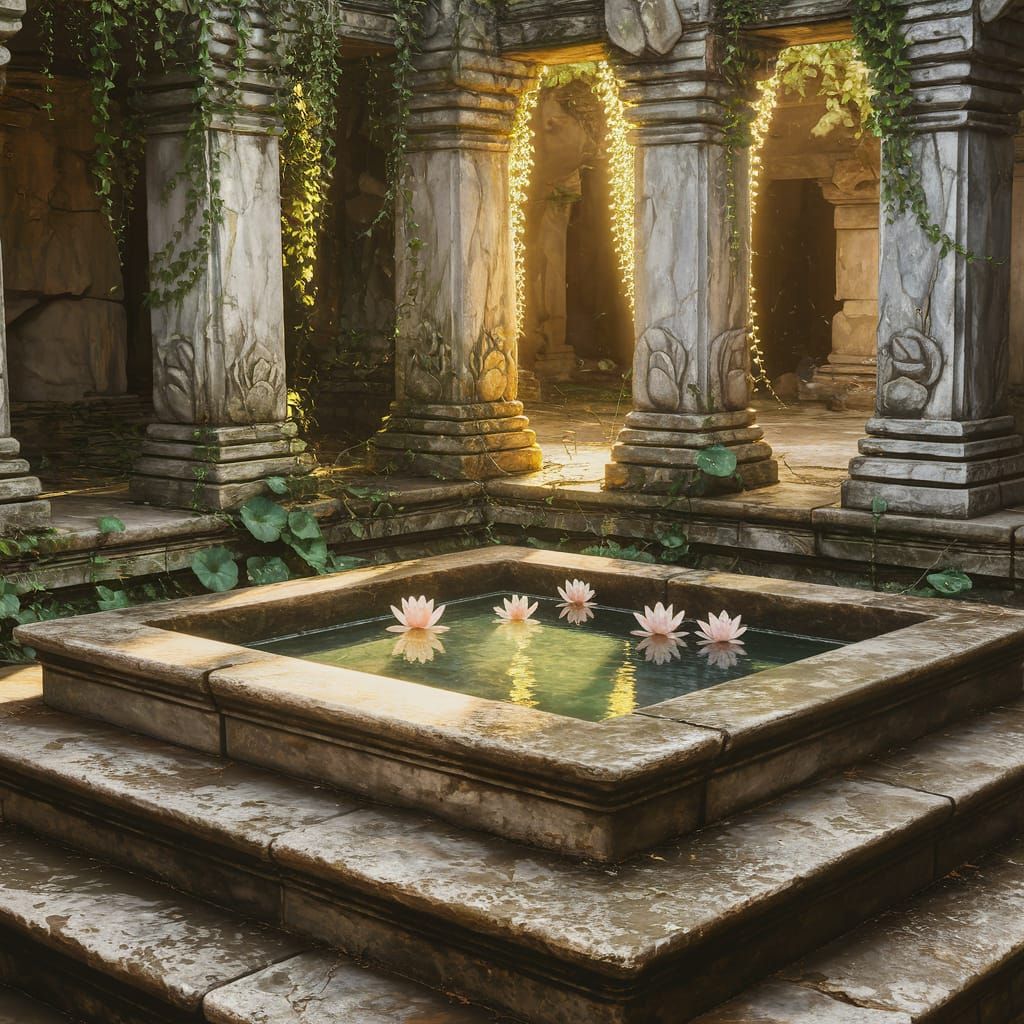 Ancient Temple Courtyard Stone Pool in Oil Painting