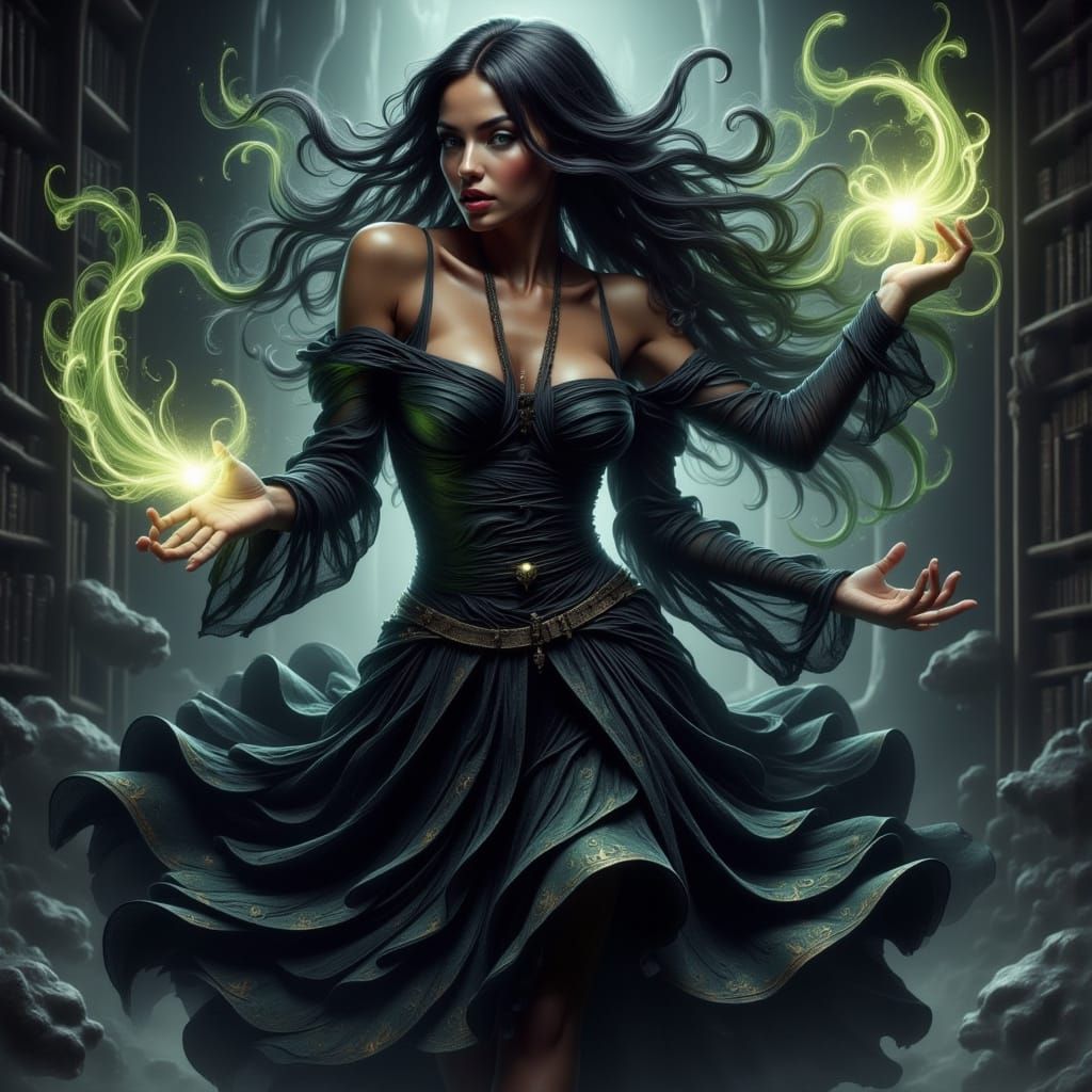 Dark Mage Casting Spell in Ancient Library