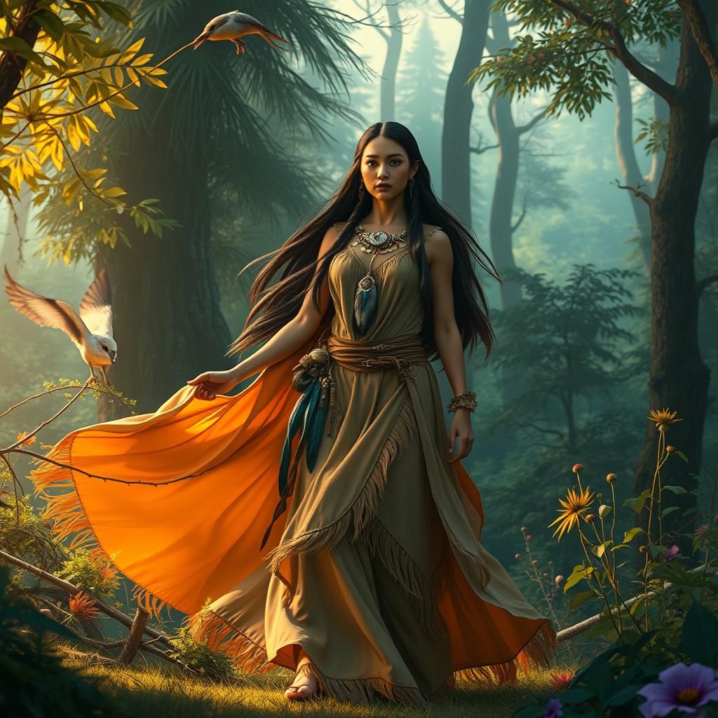 Pocahontas in Lush Forest, Digital Art