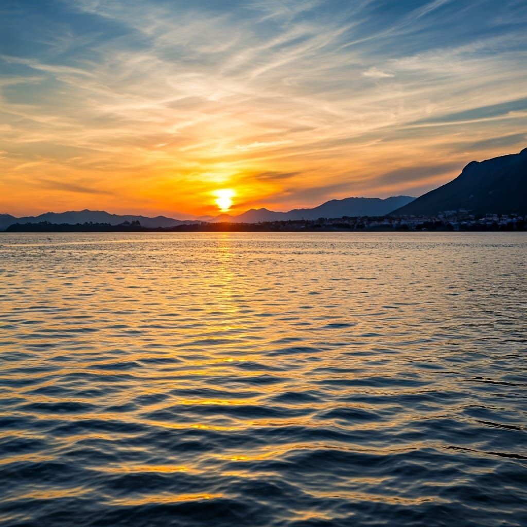 Sunset Coffee: Mountains, Sea, and Clouds