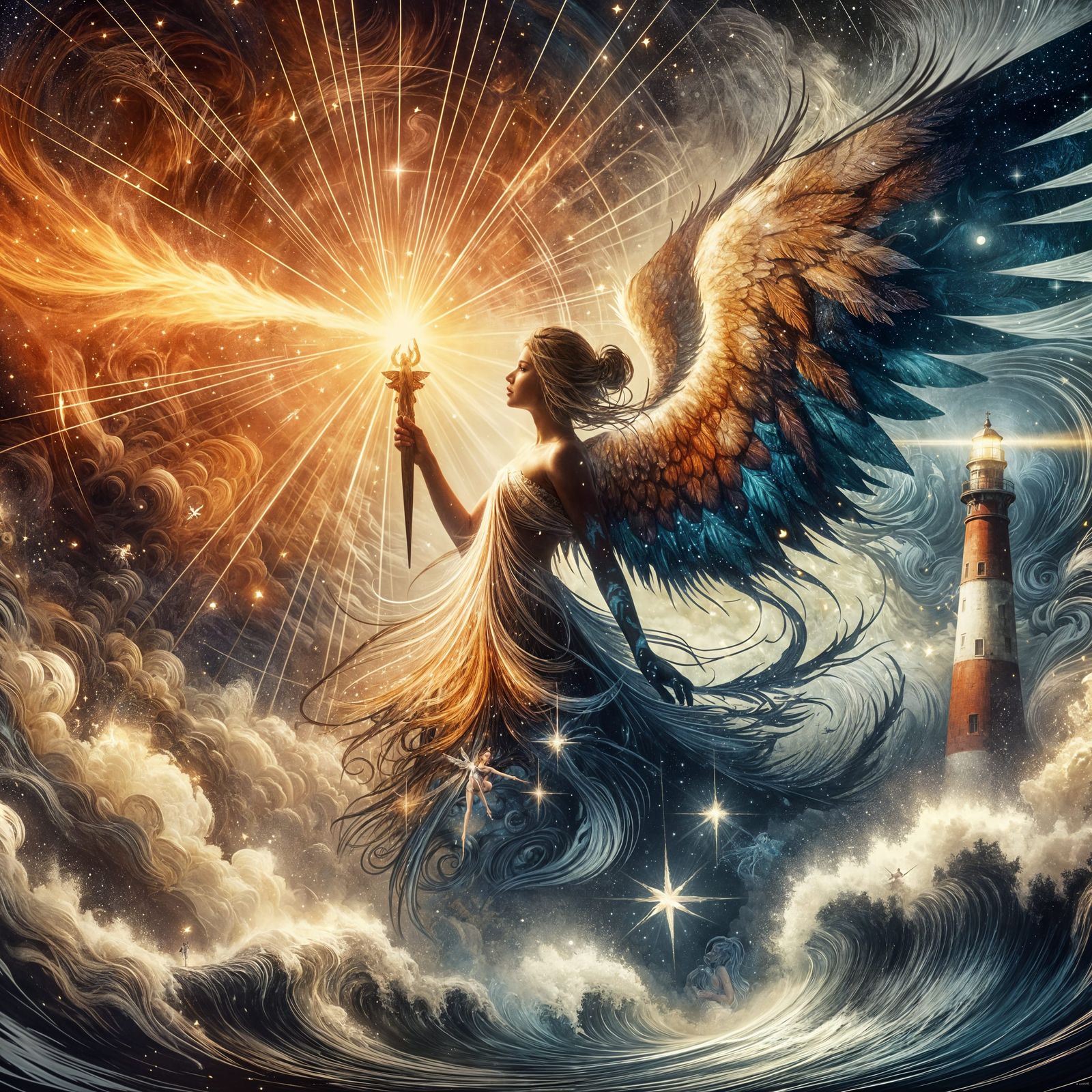 Majestic Winged Girl Illuminates Stormy Sea with Blazing Tor...