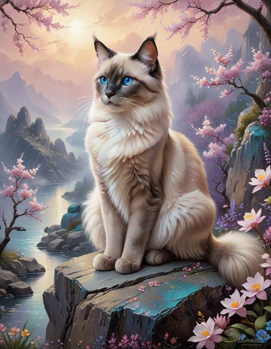 Siamese Cat on Rock in Ethereal Blossom Landscape
