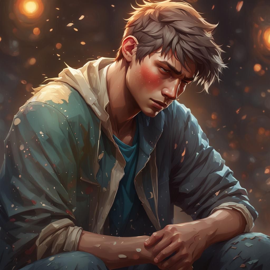 Sad Teenage Man Crying: Hyperdetailed Portrait