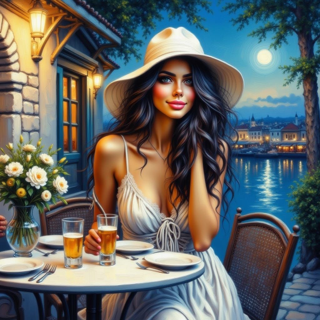 Cafe Scene of Woman in Art Nouveau Style