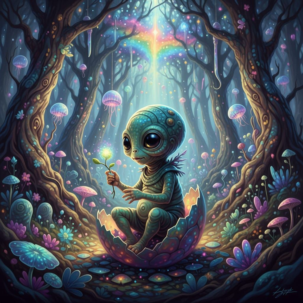 Alien Hatching in Cosmic Forest