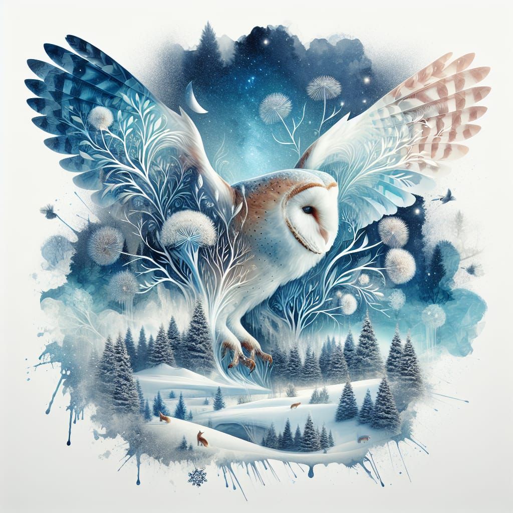 Barn Owl in Snow Forest Double Exposure Watercolor