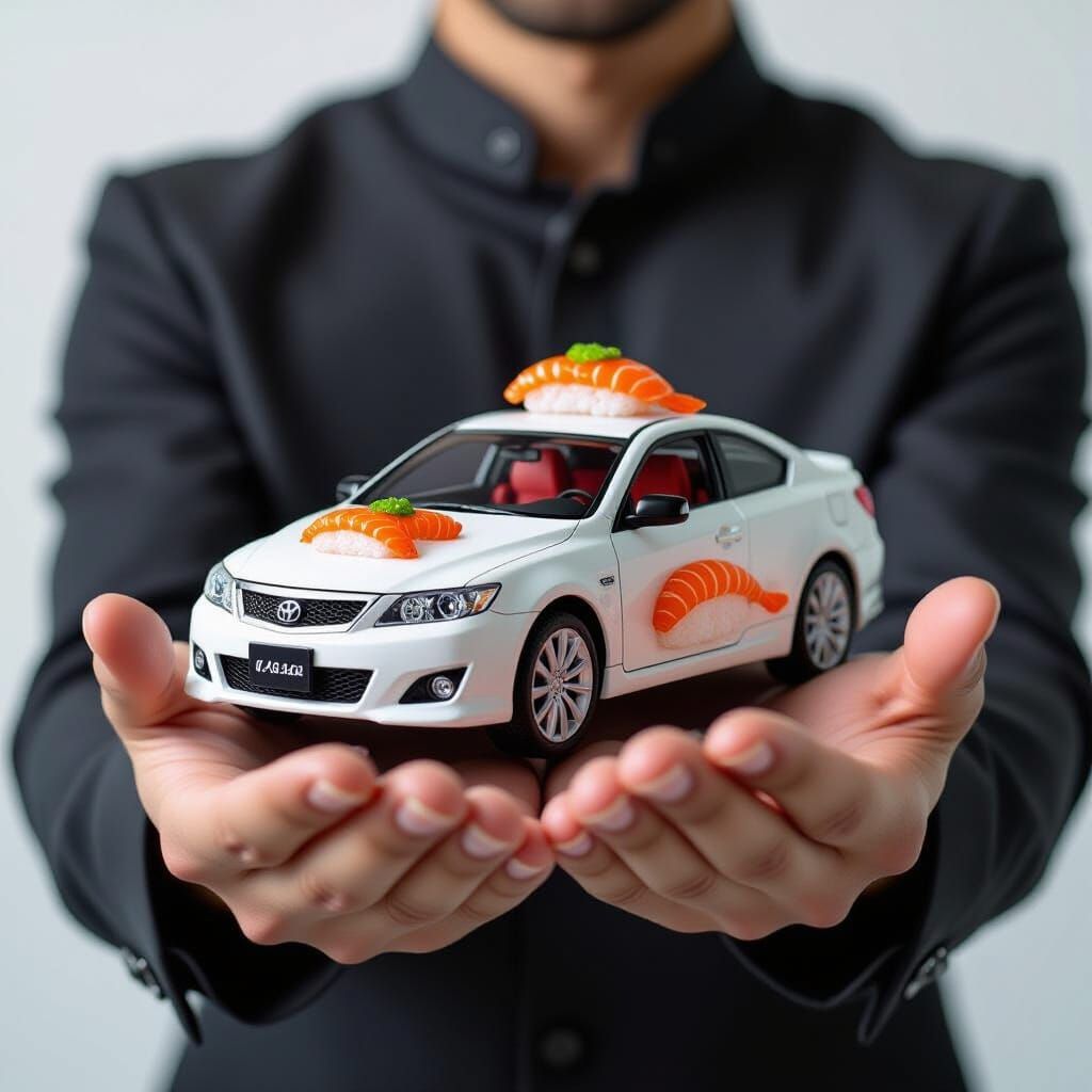 Hyperrealistic Sushi Toy Car Held By Person