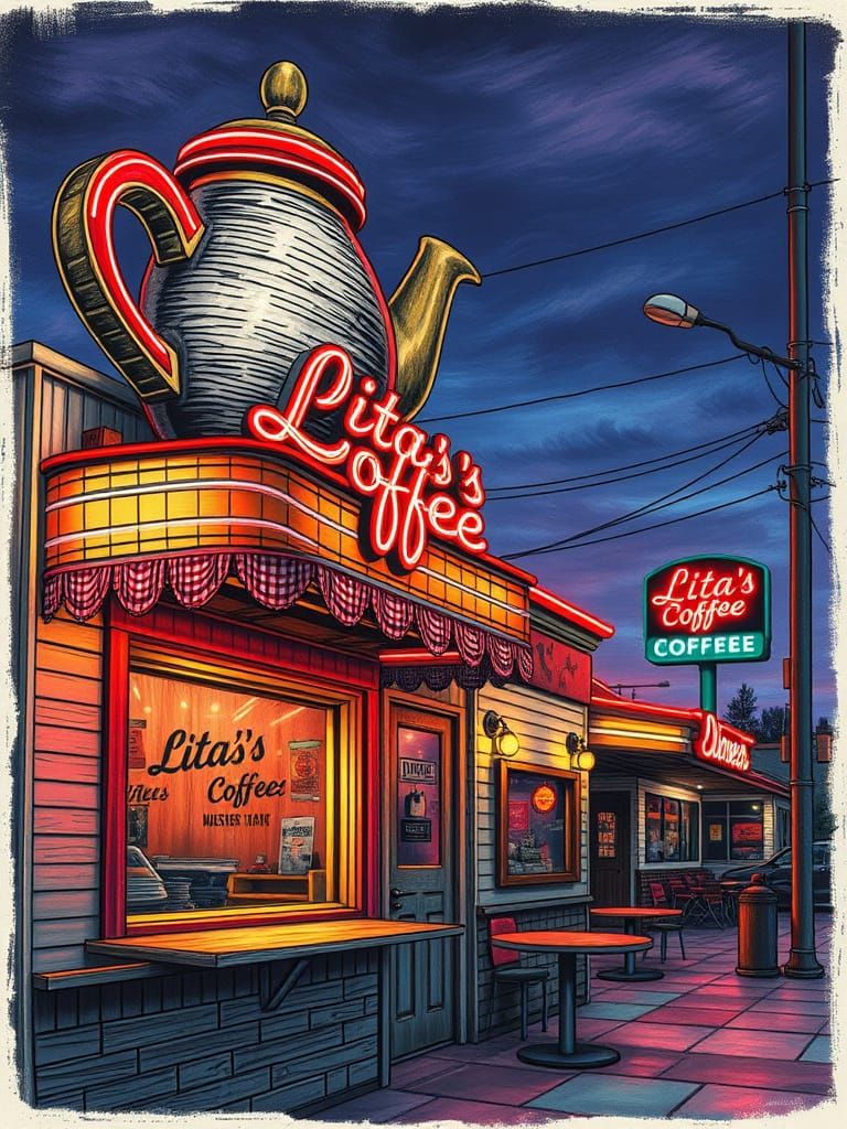 Neon Diner at Dusk in Giger Shading Style