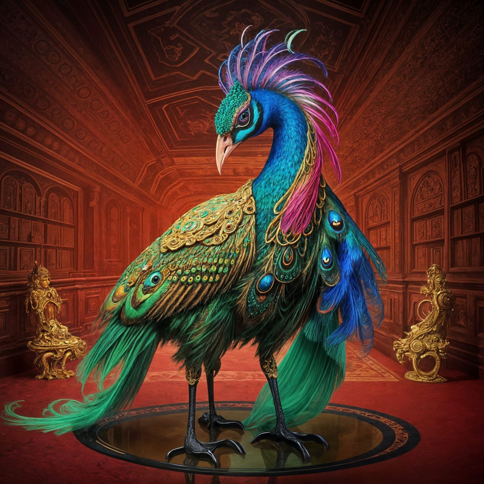 Peacock on Mars in Baroque Maximalist Style