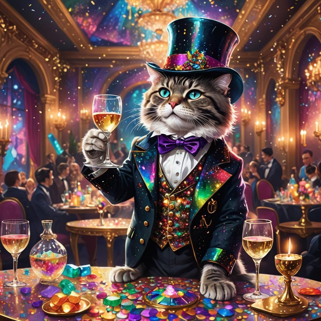 Party Cat in Mystical Ballroom: Dreamlike Concept Art