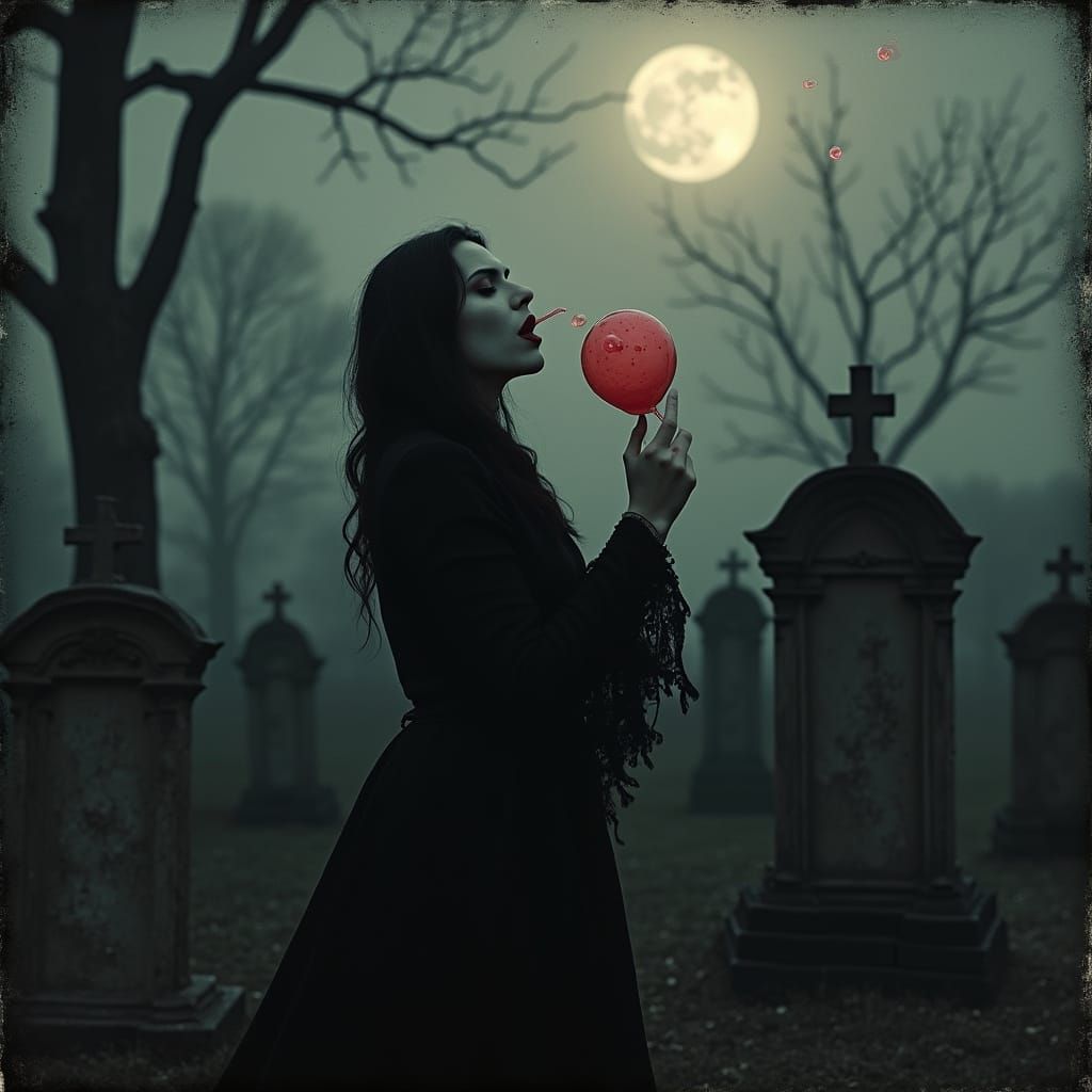Vampire in Moonlit Cemetery, Blowing Vibrant Red Bubbles in ...
