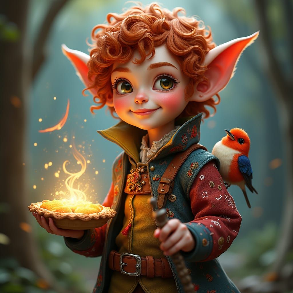 Whimsical Halfling Bard with Magical Pie