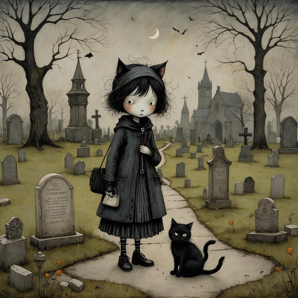Goth Girl and Cat in Whimsical Cemetery