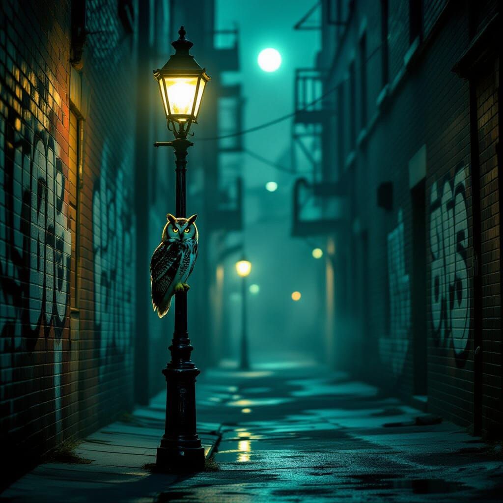 Owl on Graffiti Streetlamp in Smoggy City Alley