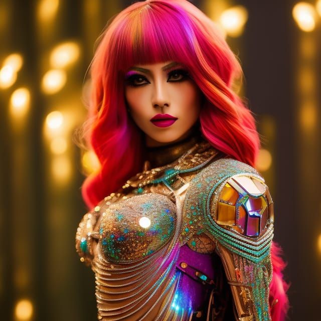 Cyborg Woman in Cyberpunk City with Rainbow Tones