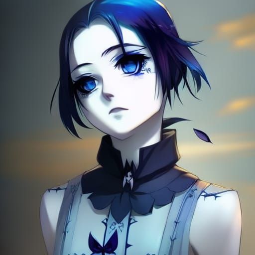 Ethereal gothic young lady with indigo hair and indigo eyeshadow and Black eyeliner and Black lipstick