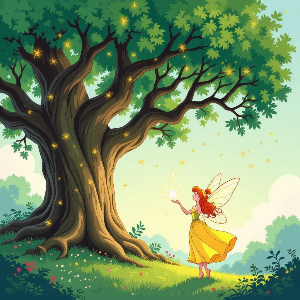 Tinkerbell and Ancient Tree in Whimsical Style