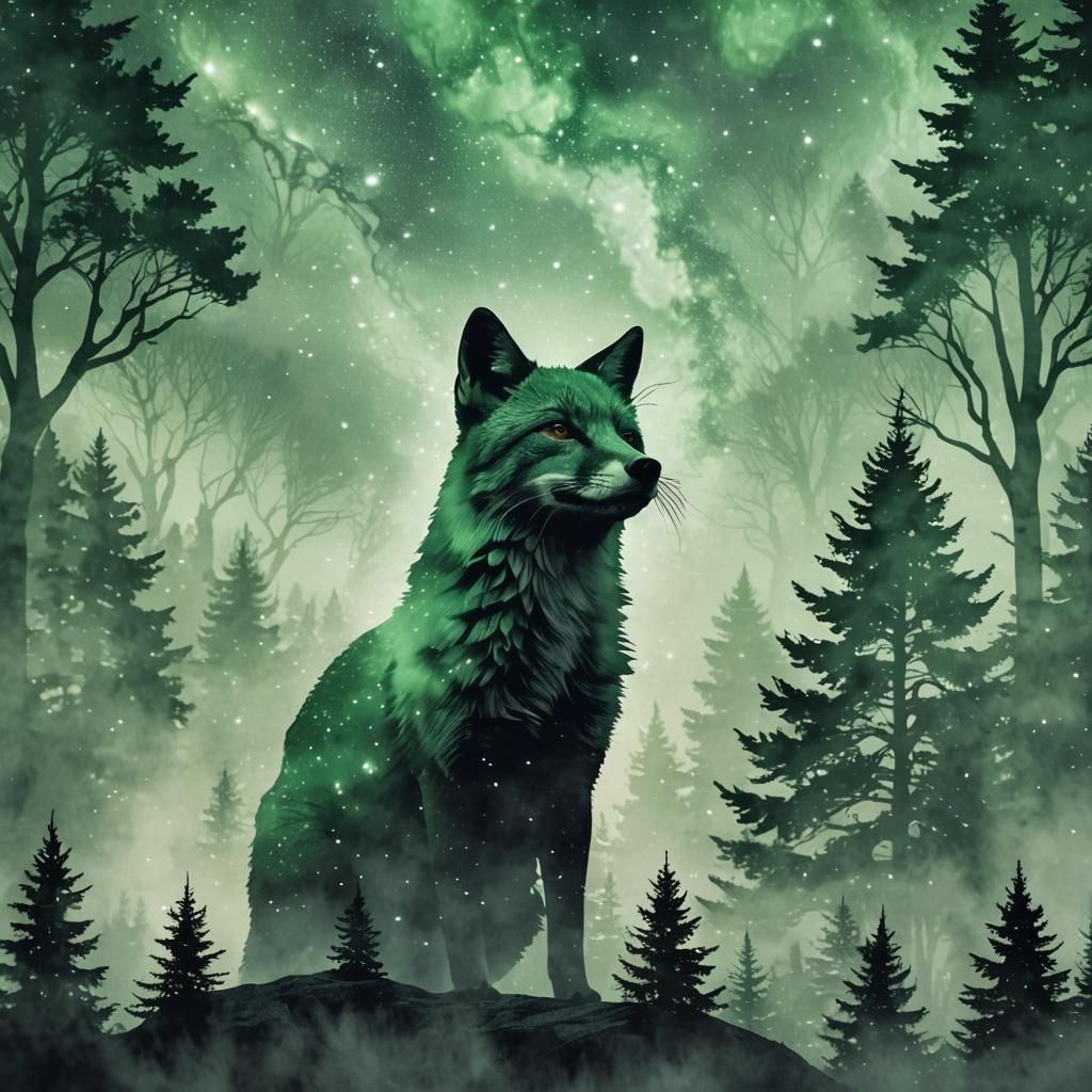 Cosmic Fox Silhouette in Misty Forest