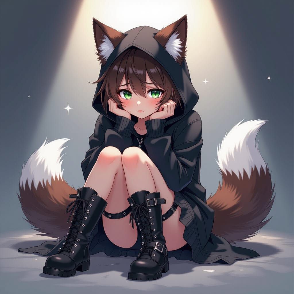 Anime Girl Cries in Gothic Outfit with Wolf Tails