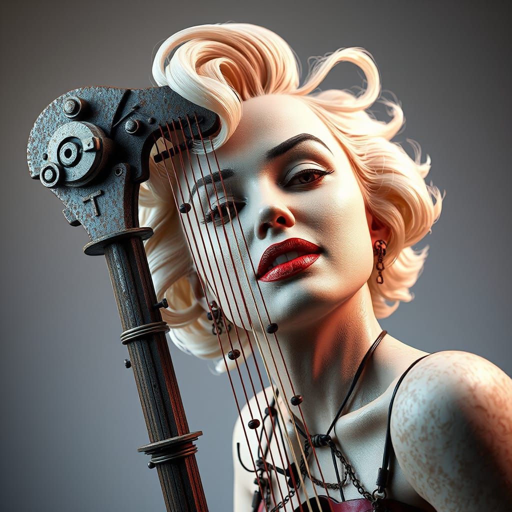 create an anamorphic sculpture of marilyn monroe using random junk to create the structure of the harp