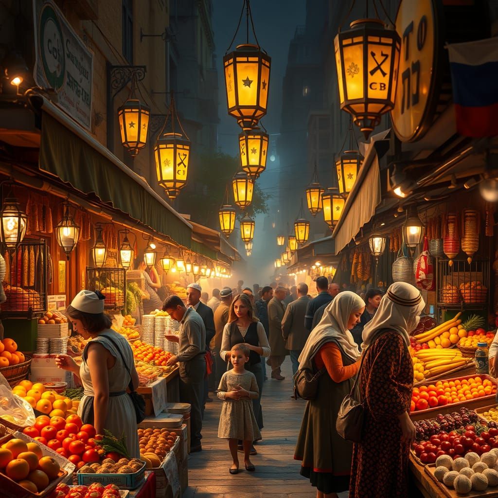 Vibrant Jerusalem Night Market in Golden Glow
