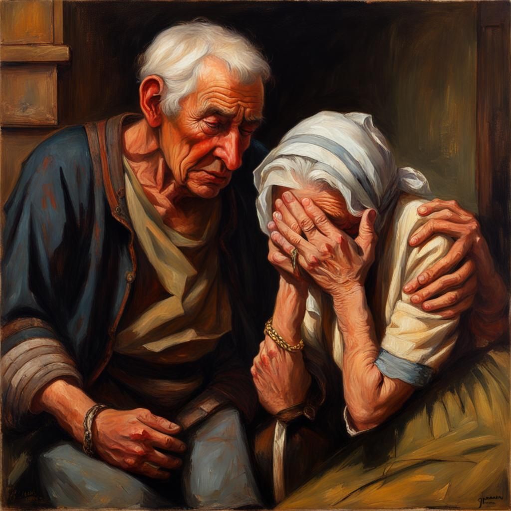 Old Woman Comforts Crying Man: Oil Painting
