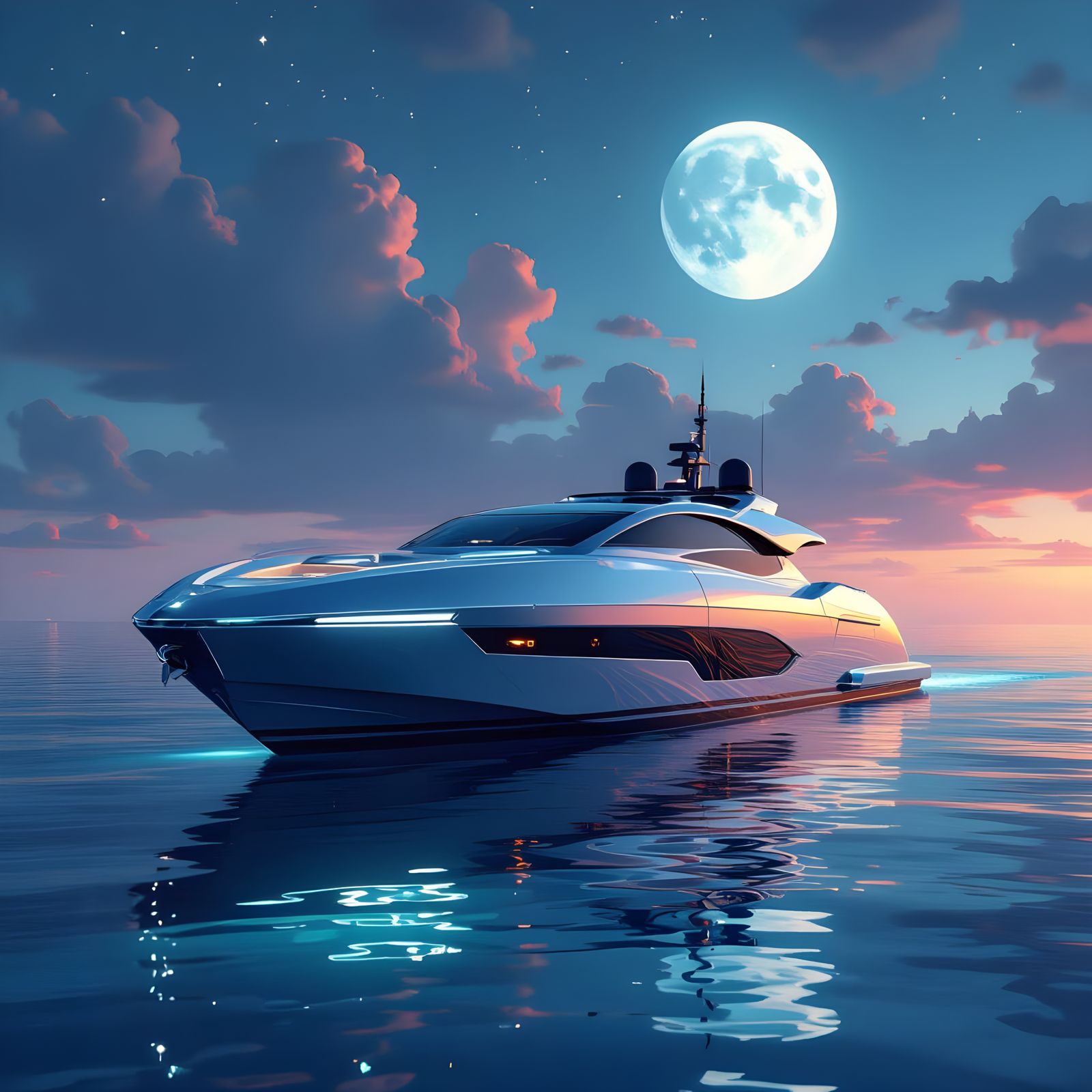 Futuristic Yacht on Phosphorescent Ocean with Twin Moons
