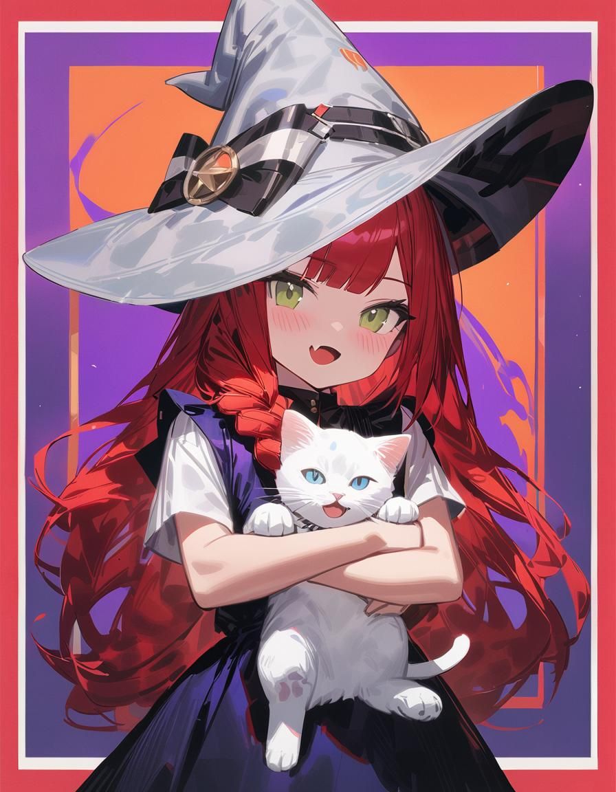 Glowing Crimson Witch Girl Enchants with Her Elegant Cat