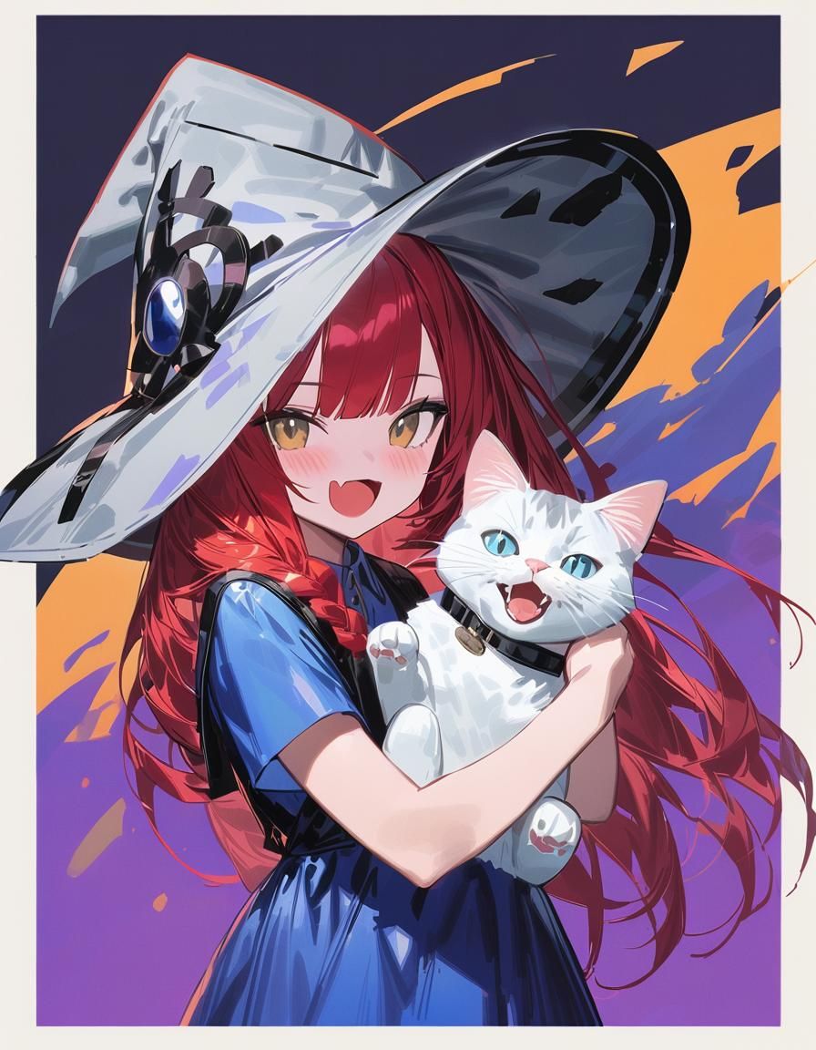 Enchanted Wizard Girl with Her Feline Companion in a Vibrant...