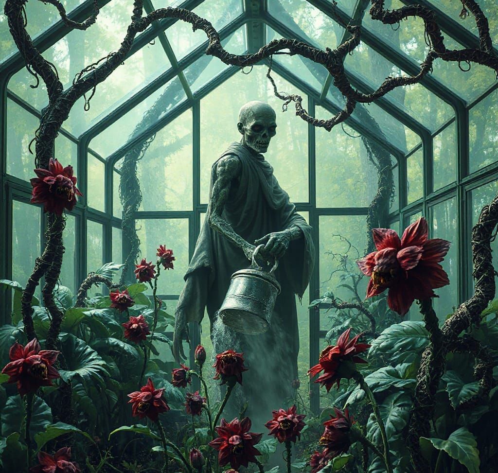 Zombie Gardener in Eerie Greenhouse: Digital Illustration