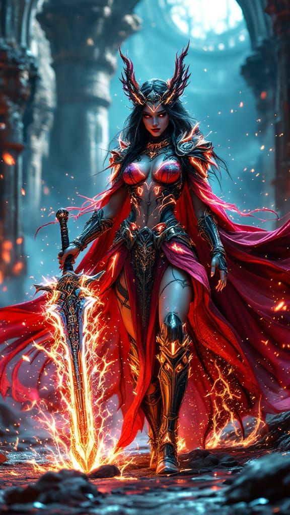 Mythpunk Battle Goddess in Fractal Armor with Neon Cloak