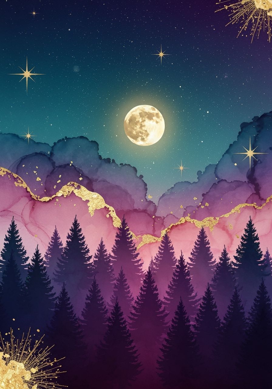 Starry Forest Silhouette with Gold Accents