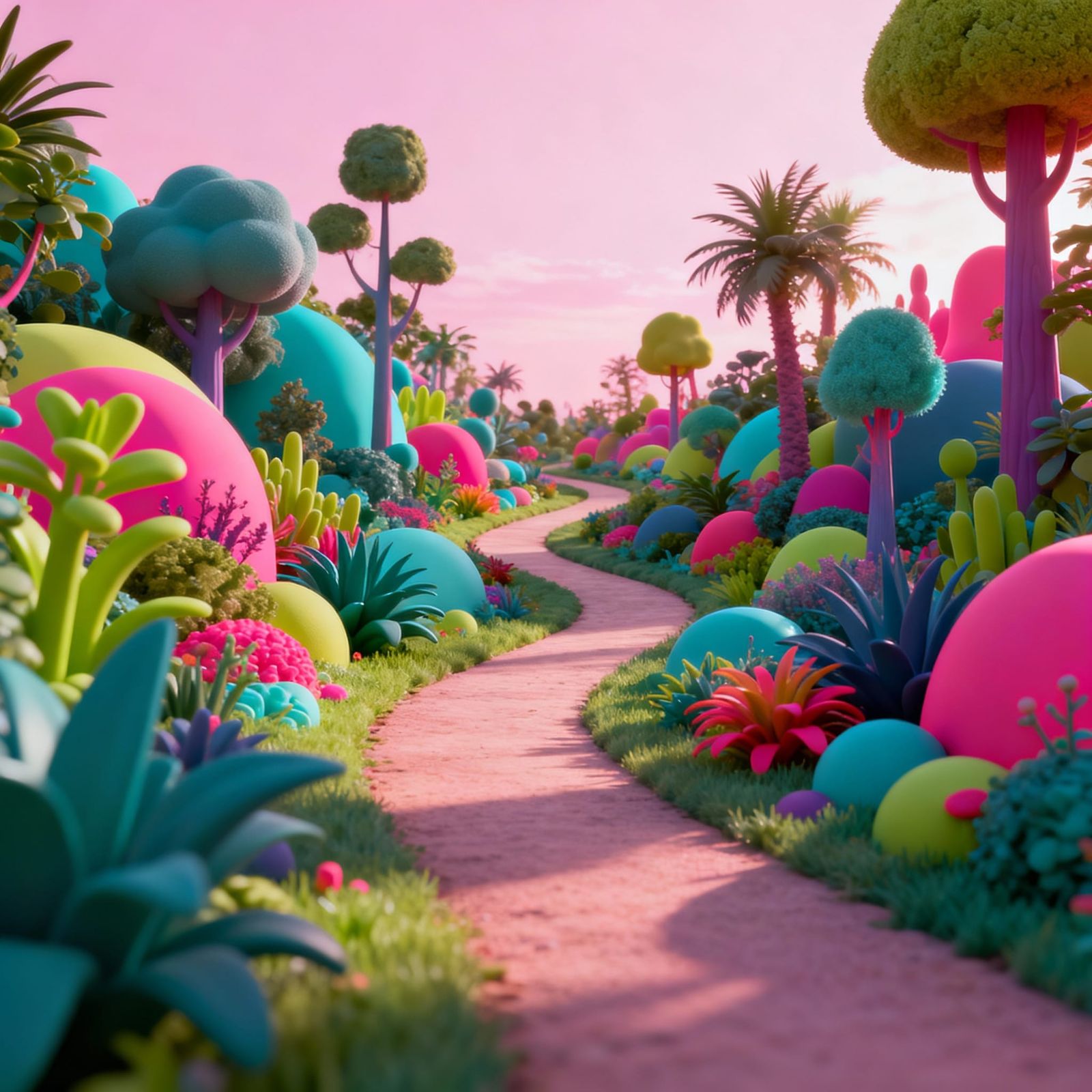 Surreal Neon Dreamscape Path in Soft 3D Shapes