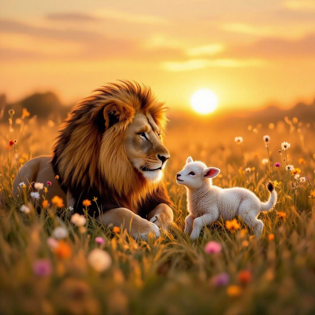 Gentle Lion and Lamb Play at Sunset