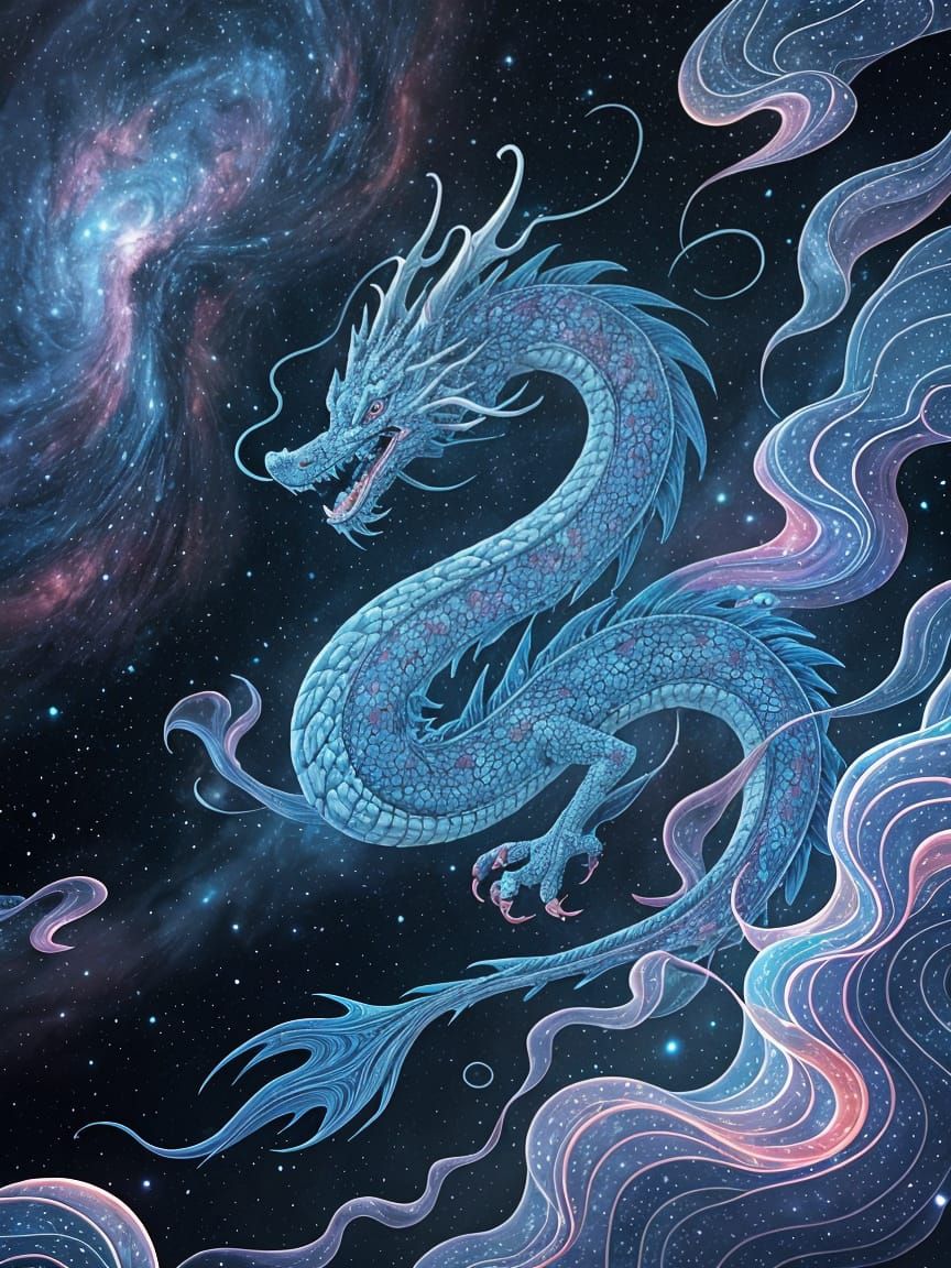 Blue Dragon Soaring Through Nebula in Space