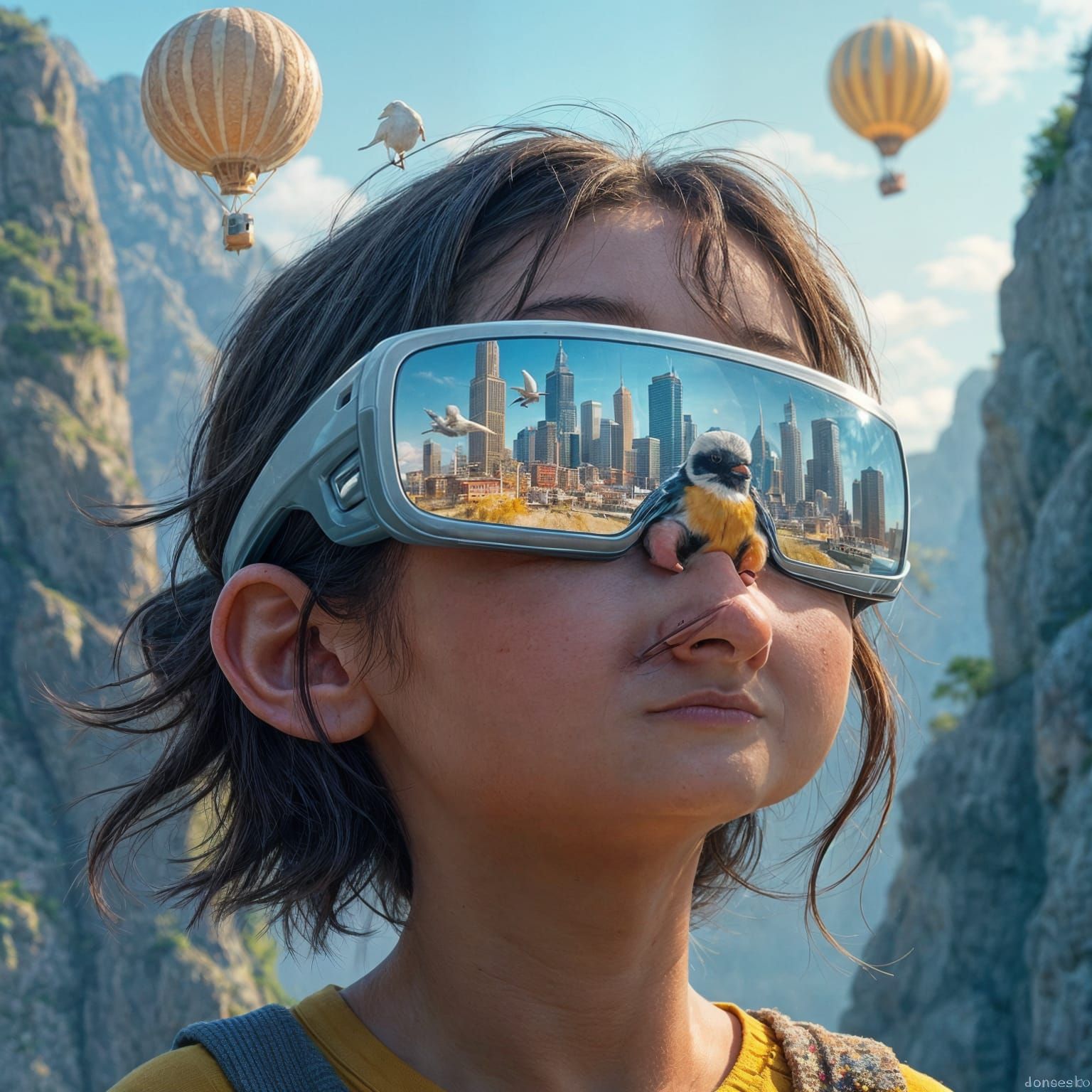 Child with Futuristic Glasses Reflecting Magic City