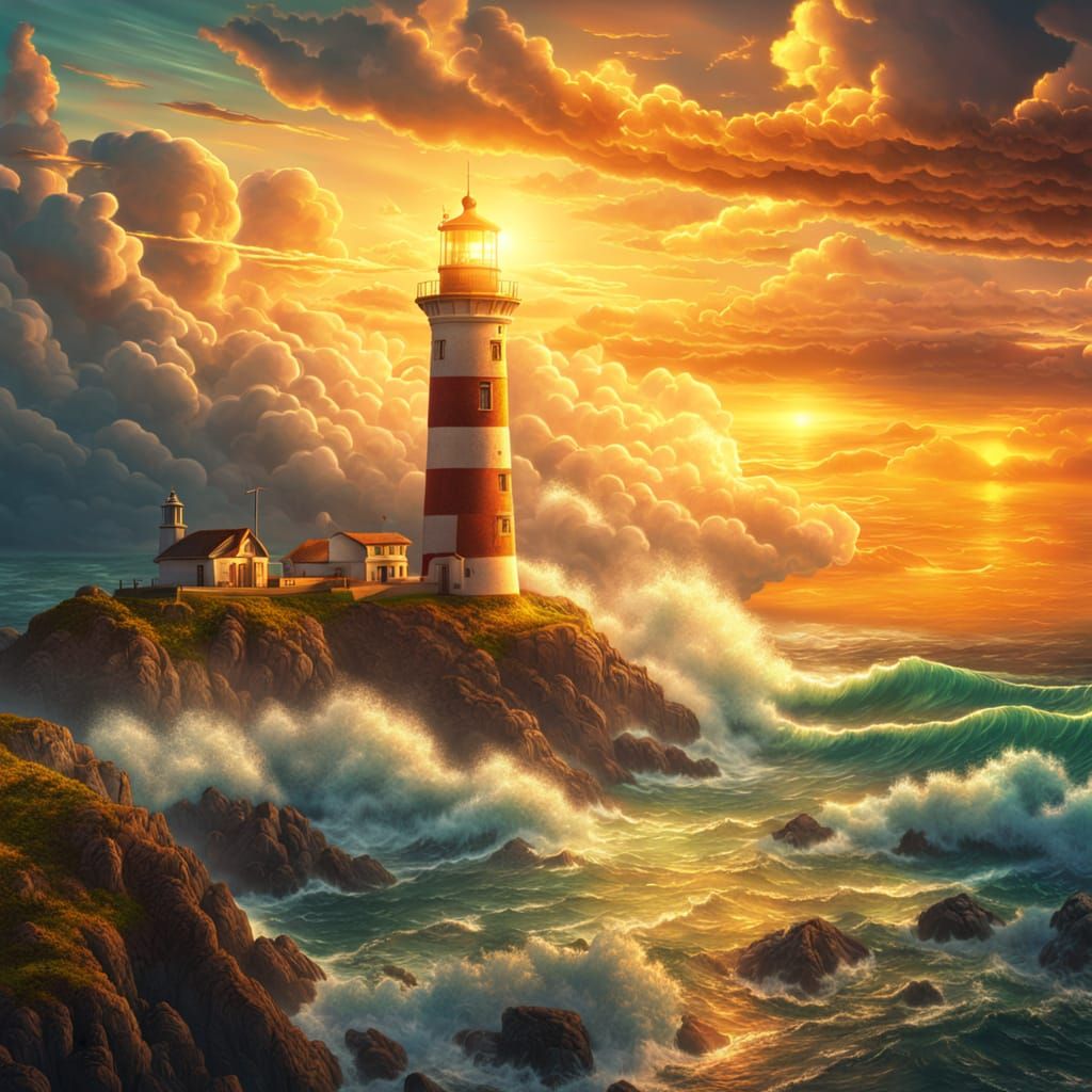 Lighthouse Over Raging Ocean in Cosmic Matte Painting