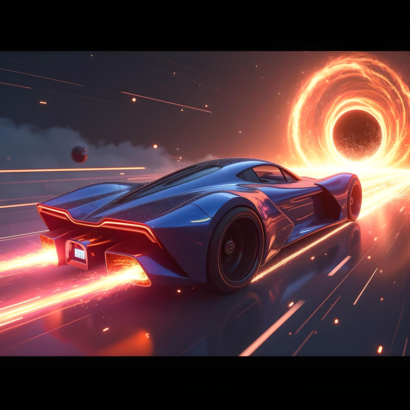 Futuristic Car Approaching Black Hole Singularity