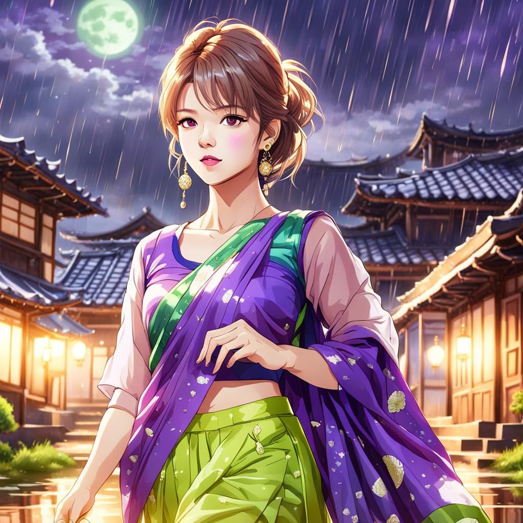 K-pop Idol in Silk Saree in Anime Style