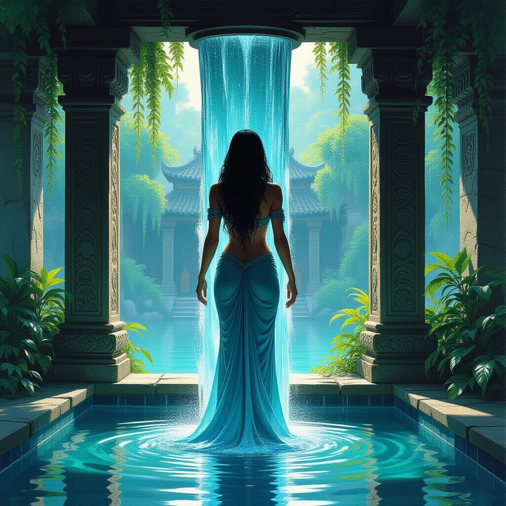 Mystical Water Column Emerges in Fantasy Oil Painting