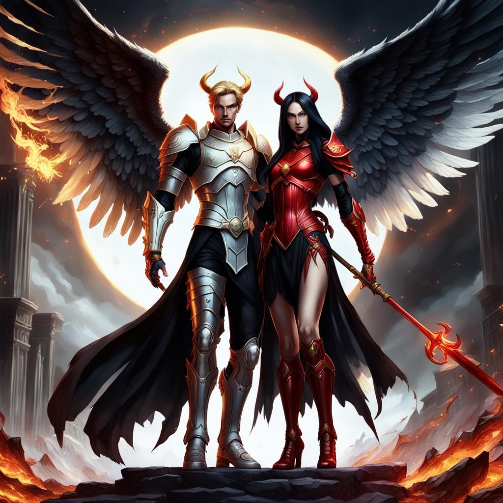 Archangel and Devil Couple in Dark Fantasy Style