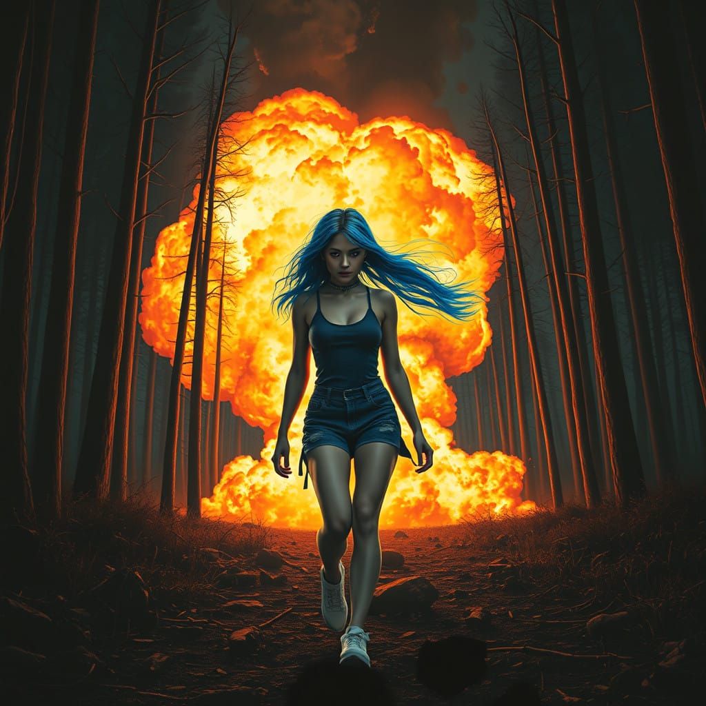 Girl with Blue Hair Walks Out of Explosion in Dark Forest