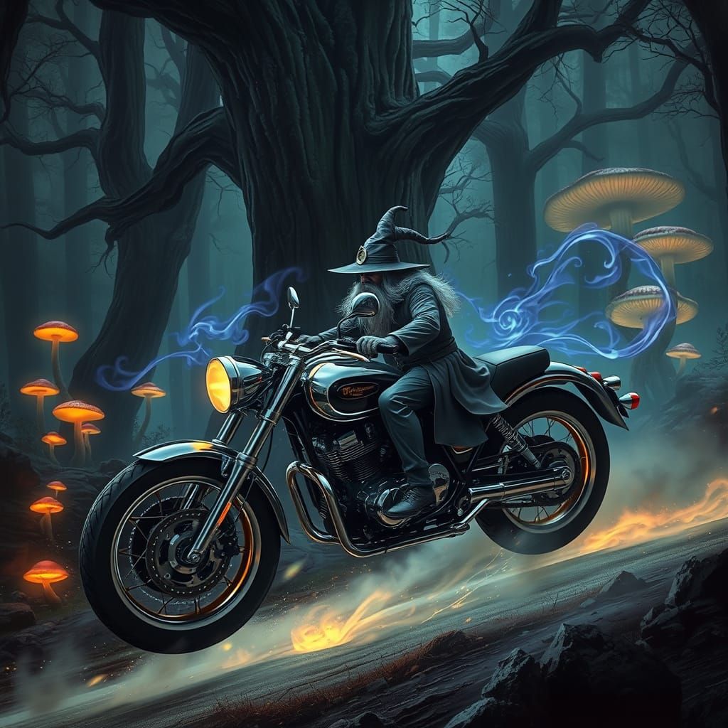 Mystical Wizard Rides Chrome Motorcycle Amidst Glowing Mushr...