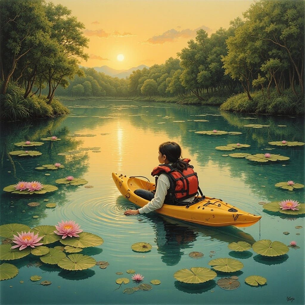 Serene Lake Scene at Sunset in Impressionist Style