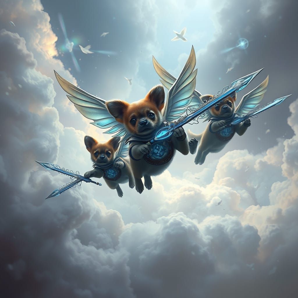 Flying Puppies in Mystical Armor Soar Through Dreamlike Skie...