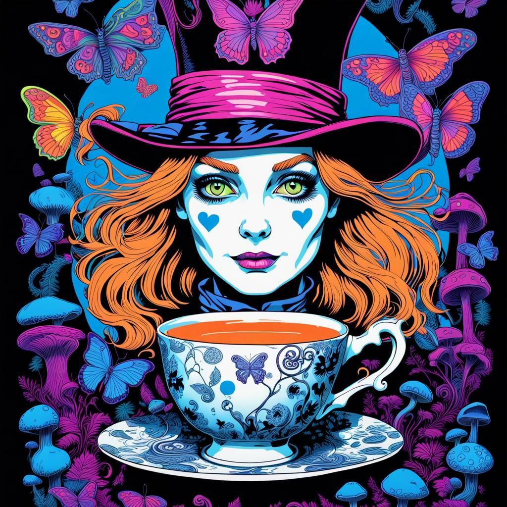 Blacklight  poster of Alice as   The Mad Hatter in Wonderland, tea cup, butterflies, mushrooms,  canabis leaf, Psychedel...