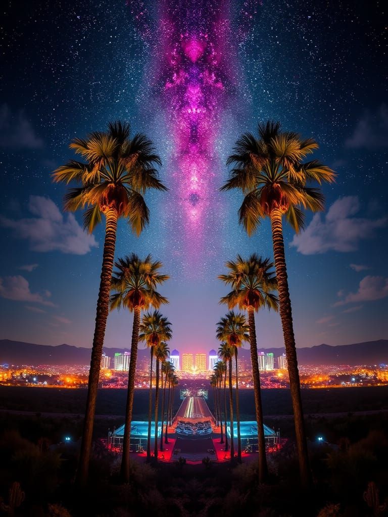 Urban Neon Dreamscape with Palm Trees and Milky Way