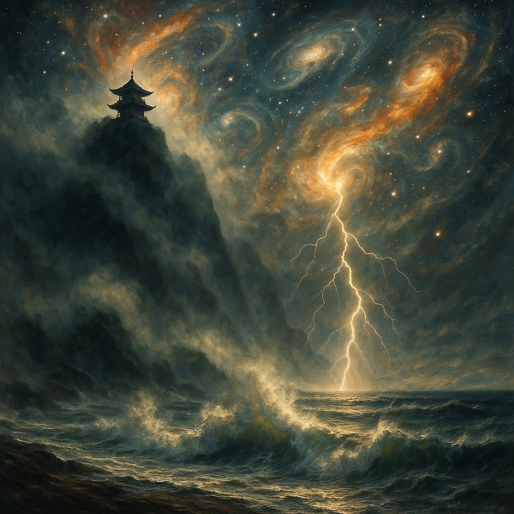 Pagoda on Misty Mountain Overlooking Stormy Sea