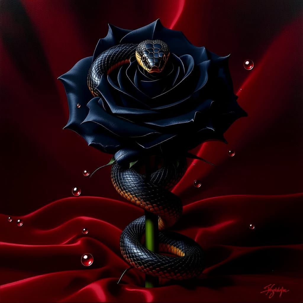 Viper Coiled Around Black Rose on Red Velvet